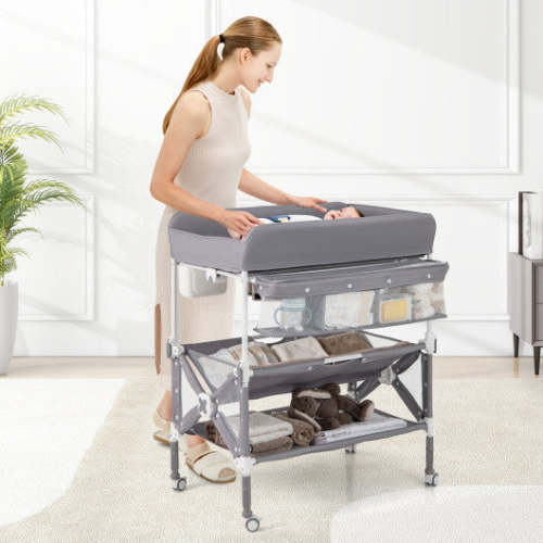 Portable Baby Changing Table With Wheels and Large Storage Rack-Gray