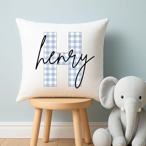 Personalized Gingham Name Lumbar Pillow for Baby Boy Nursery Kids Room or Toddler Bedroom Bed Blue Checkered Pattern Decorative Cushion With Custom Name