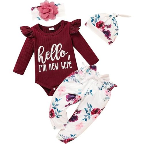 Newborn Baby Girls Clothes Ruffle Long Sleeve Romper Floral Pnats+Headband+Hat 4pcs Baby Girl Outfits