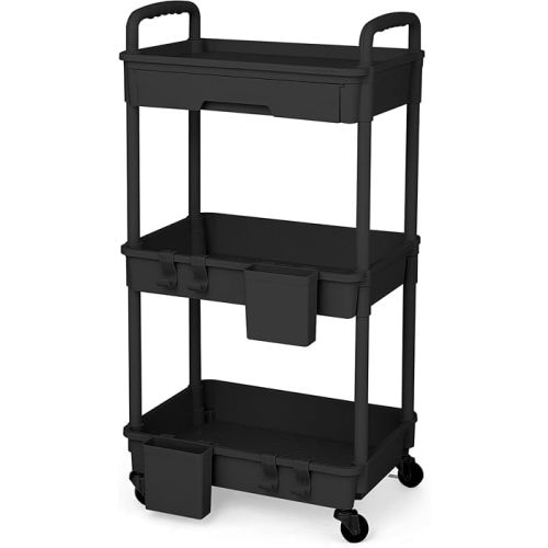 Rolling Utility Cart with Drawer Plastic 3 tier rolling cart Cart with Handle Multi-purpose Storage Organizer with Hanging Basket and Hooks Storage Cart for Kitchen,Bathroom,Living Room,Office,Black