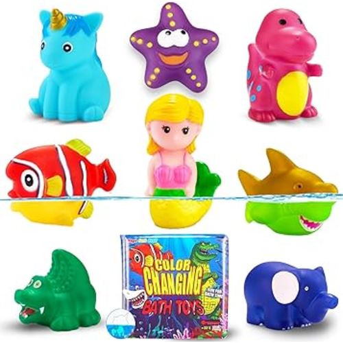 Color Changing No Hole Bath Toys for Toddlers Kids, Color Change Rubber Animal Toys with Bath Book & Drying Bag, Mermaid Bath Toys Water Toys Floating Fish Toys Dinosaur Toys for Bathtub Pool