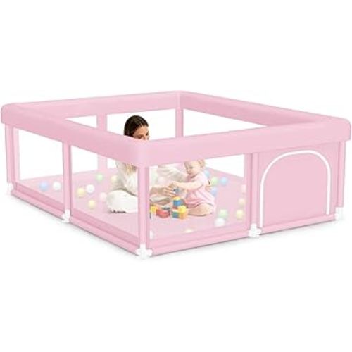 Large Baby Playpen 50"x50" Baby Girl Play Pen for Babies and Toddlers, Safe Structure and Soft, Skin-Friendly Fabric with Zipper Gates Pink
