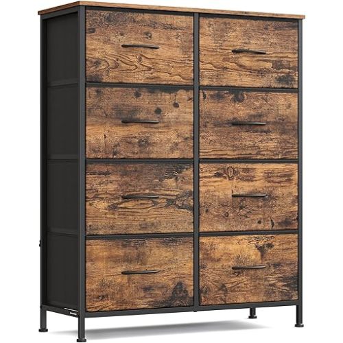 SONGMICS Dresser for Bedroom, Chest of Drawers, Steel, MDF, 8 Non-Woven Fabric Drawers, Storage Organizer Unit, Closet, Entryway, Rustic Brown and Ink Black ULGS124B02S