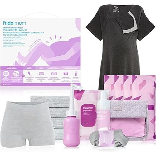 Frida Mom 15pc Labor, Delivery, & Postpartum Kit Gift Set for Baby Showers & Mom to Be, Includes Peri Bottle, Nursing Gown, Disposable Underwear, Ice Maxi Pads, Pad Liners, Perineal Foam, Socks & Toiletry Bag