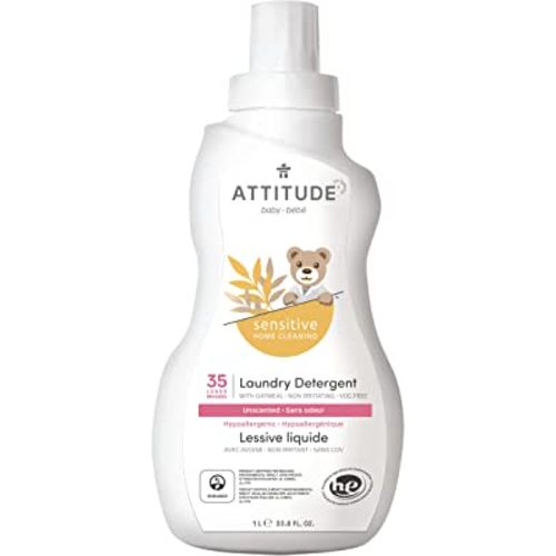 ATTITUDE Baby Laundry Detergent for Sensitive Skin, Hypoallergenic, Dye free, Unscented, HE compatible, Fragrance Free, 33.8 Fluid Ounce, 35 Loads