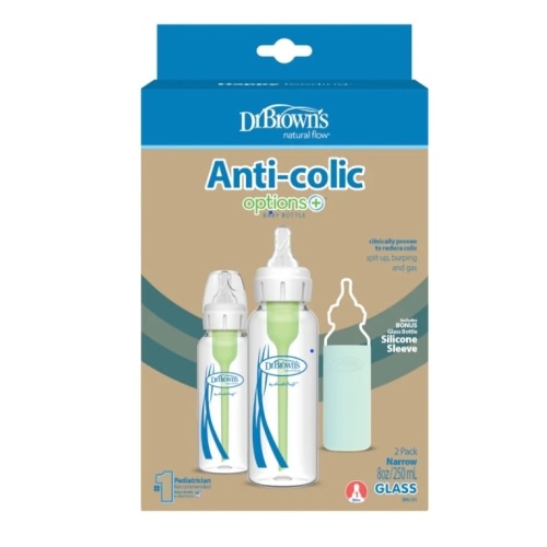 Dr. Brown’s Natural Flow® Anti-Colic Options+™ Narrow Glass Baby Bottle with Silicone Sleeve, 2-Pack