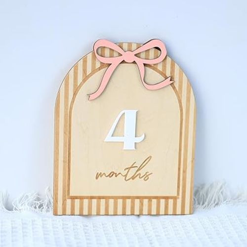 Baby Monthly Milestone Board - 6.5 Inch Natural Wood Arch with Pink Bow and Striped Border, 1-12 Months Tracker, Newborn Photo Prop
