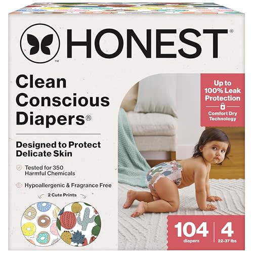 The Honest Company Clean Conscious Diapers for Delicate Skin | Up to 100% Leakproof | Hypoallergenic, Fragrance Free | Gender Neutral | Super Club Box, Size 4 (22-37 lbs), 104 Count (Prints May Vary)