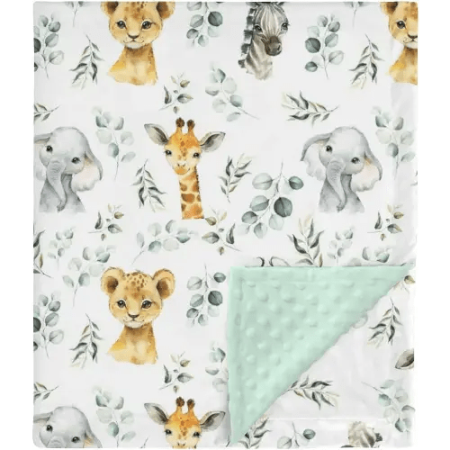 African Safari Jungle Animal Mink Baby Blanket Dotted Backing Boy Girl, Blue Elephant Giraffe Zebra Double Layer Flannel Nursery Bed Blankets, Soft Plush Newborn Infant Toddler Crib Bedding 30 x 40