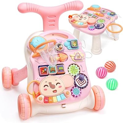CUTE STONE Baby Walker for Girls, 2 in 1 Sit to Stand Learning Walker and Activity Center, Learning to Walk, Early Push Walking Toys for Toddler Infant