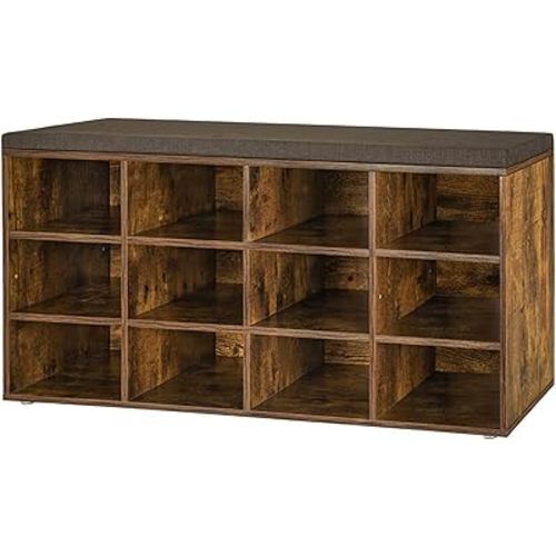 DINZI LVJ Shoe Storage Bench with Cushion, Cubby Shoe Rack with 12 Cubbies, Adjustable Shelves, Multifunctional Shoe Organizer Bench for Entryway, Mudroom, Hallway, Closet and Garage, Rustic Brown