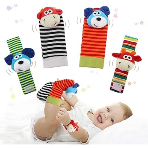 Wrist Rattle Foot Finder Sock for 0-36Months Baby Boys and Girls, Newborn Baby Soft Hand & Feet Rattle 0-3 Years, Arm Leg Babies Development Toys for Infant Bebe (Cow-4 PCS)