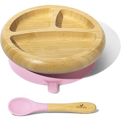 Avanchy Baby Plates Divided Bamboo with Suction for Babies Kids Toddler Food with Silicone Spoon for Feeding (Pink)