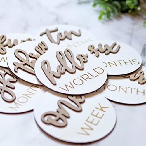 Wooden 3D Monthly Milestone Discs for Baby Photos (20 pcs Set), First Year Monthly Milestone Marker, Includes 1-5 Years, White Stained
