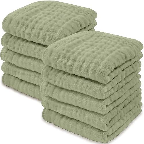 Baby Washcloths, Muslin Cotton Baby Towels, Large 10”x10” Wash Cloths Soft on Sensitive Skin, Absorbent for Boys & Girls, Newborn Baby & Toddlers Bibs & Burp Cloths Essentials Set (Sage, Pack of 10)