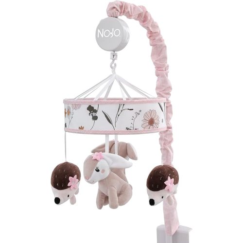 NoJo Keep Blooming Pink Florals with Taupe Bunny and Brown Hedgehog Musical Mobile