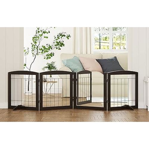 PAWLAND Freestanding Dog gate with Walk Through Door, Dog Gates for Doorways, The House, Stairs, 80" Wide Pet Puppy Safety Fence with Support Feet, 4 Panels, Espresso