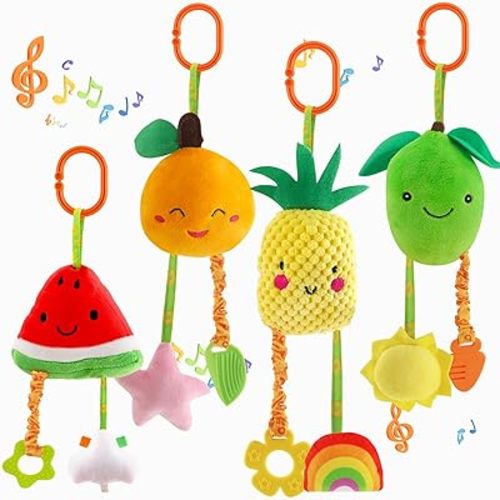 KAKIBLIN Baby Hanging Rattle Toys, 4 Pack Car Seat Stroller Toys Soft Squeaky Toy for Baby Newborn Infant Car Crib Travel Activity with Teether for Boys Girls, Toys for 0 3 6 9 12 Months, Fruits-A