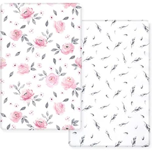 PHF 100% Cotton Mini Crib Sheets 2 Pack,Soft Breathable Comfortable Pack N Play Sheets for Baby Girls&Boys,Premium Baby Sheets Fits Pack N Play,Playard &Portable Mini Crib Mattresses,Floral Flowers - Floral Theme
