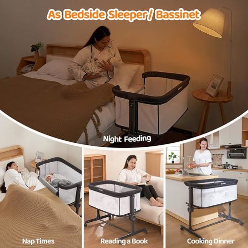 Ezebaby Baby Bassinet, Bedside Bassinet for Baby, Portable Baby Bassinets Bedside Sleeper for Newborn Baby Infants with Adjustable 7 Heights and All Mesh Sides, Mattress & Sheet Included - Deep Gray