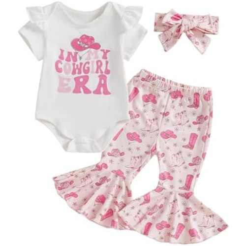 TheFound Infant Baby Girls Summer Clothes Short Sleeve Letter Print Romper Boot Print Flare Pant Headband Newborn Baby Outfit