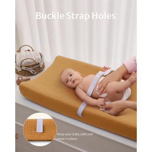 Blissful Diary Muslin Changing Pad Cover for Girls Boys, Ultra Soft Breathable Cotton, Baby Diaper Change Table Pad Covers, 2Pack (Retro Yellow & Beige)