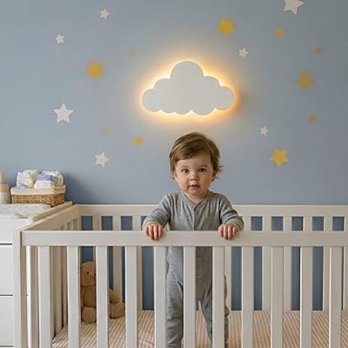 KALEOLI Cloud Night Light for Nursery - Dimmable & Rechargeable Kids Wall Lamp for Bedtime Routines - Crib & Baby Room Decor Nigth Light - 68Pcs Star Wall Decals Included