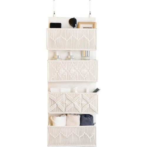 janebeauties Over the Door Organizer Macrame Boho Nursery Storage with 4 Large Woven Pockets, Hanging Basket for Bathroom, Nursery & Closet Doors, Behind the Door Storage Organizer, Cream White