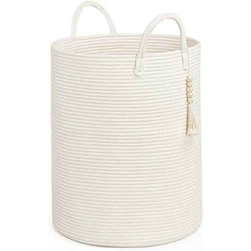 Goodpick White Laundry Basket with Handles, Tall Woven Laundry Hamper for Clothes, Towels, Pillows, Toys, Decorative Blanket Basket for Living Room, Bedroom, Playroom, 16 x 20 inches