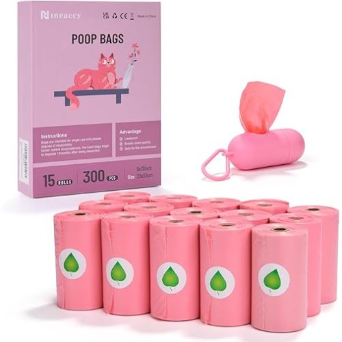 Biodegradable Pink Dog Poo Bags Lavender scent with Dispenser - 300 Large Poop Bags, Extra Thicken Strong Corn Starch Blended Compostable Leak Proof Poop Waste Bag for Dogs