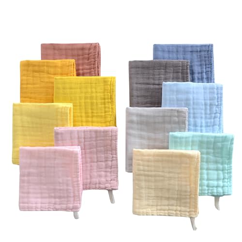 MUKIN Colorful Baby Washcloths - Muslin Cotton Wash Cloths for Babies, Ultra Soft Newborn-Toddler-Infant-Child Washcloths Burp Cloths.12 Pack Face Bath Towels Reusable for Unisex Baby.