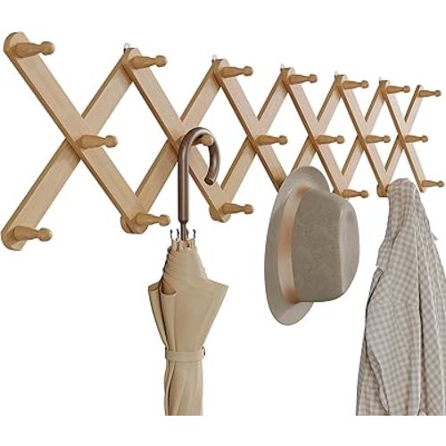 OROPY Wood Accordion Wall Hanger, Expandable Coat Rack Wall Mount with 20 Pegs, Expanding Hat Rack for Wall Wood Color