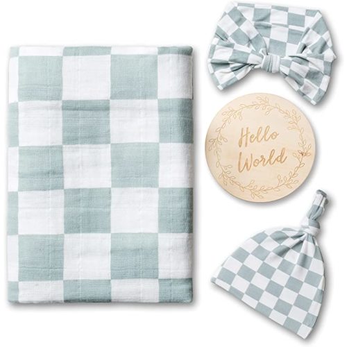 100% Organic Muslin Swaddle Set| Sage Green Checkered