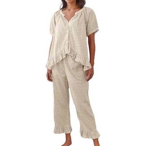 Womens Gingham Pajama Set 2 Piece Short Sleeve Babydoll Shirt and Pants Lounge Set Cute Sleepwear