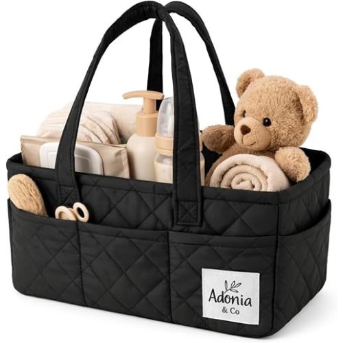 Adonia & Co Diaper Caddy Organizer – Baby Organizer for Newborn Essentials, Portable Nursery Storage Basket for Diapers, Wipes & Baby Items – Structured, Machine Washable Diaper Organizer (Black)