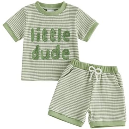 Baby Boy Summer Clothes Mamas Boy Embroidered Waffle Knit Short Sleeve T-Shirt Shorts Set Toddler Striped Outfit