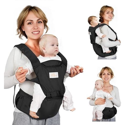 Baby Carrier, 6-in-1 Baby Carrier Newborn to Toddler, Front and Back Toddler Carrier One Size Fits All, Adjustable with Hip Seat for Newborn, Infant & Toddler, Black