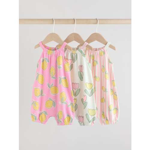 Pink/White Fruit Printed Strappy 3 Pack Baby Rompers