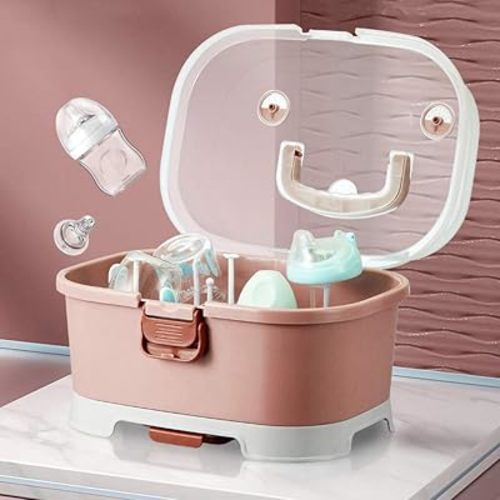 Baby Bottle Drying Rack Storage, Large Nursing Bottle Storage Box Organizer with Cover, Portable Kitchen Cabinet Organizer, Easy to Clean Drainer, Durable countertop Dryer Pink