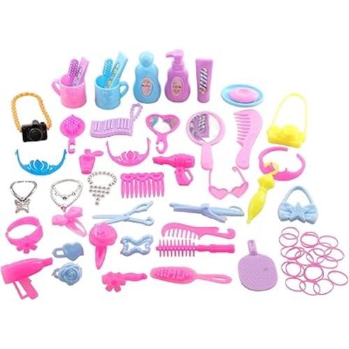 BARWA 56 Piece 11.5 inch Doll Fashion Accessory Bundle with 15 Hangers, Laptop Set, Makeup Kit, High Heels Shoes, Gladiator Sandals, Sunglasses, Hair Elastics, Sport Bottles, Waist Bag