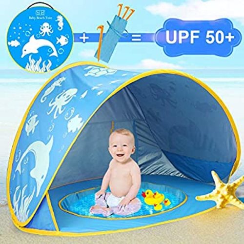 iGeeKid Baby Beach Tent Dolphin Pop Up Portable Sun Shelter Tent with Pool Children's Beach Tent 50+ UV Protection & Waterproof Shade Baby Pool Tent for Aged 0-4 (Blue)
