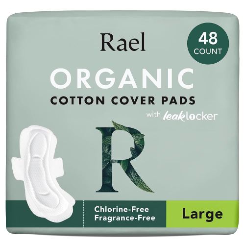 Rael Pads for Women, Organic Cotton Cover - Period Pads with Wings, Feminine Care, Sanitary Napkins, Heavy Absorbency, Unscented (Large, 48 Count)