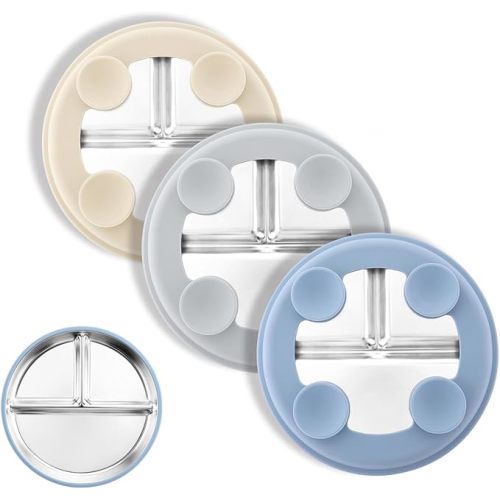 8" Stainless Steel Toddler Plates with Suction, Divided Plates with Removable Silicone Sleeves for Baby, Non Toxic & BPA Free |Unbreakable |Dishwasher Safe Dinnerware Set of 3, Blue Gray Sage