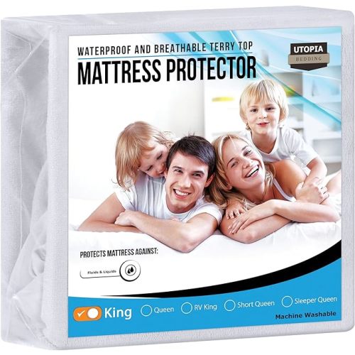 Utopia Bedding Waterproof Mattress Protector King Size, Premium Terry Mattress Cover 200 GSM, Breathable, Fitted Style with Stretchable Pockets (White)