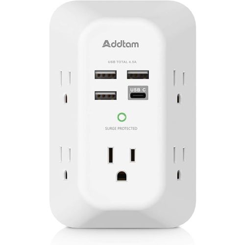 Addtam USB Wall Charger Surge Protector 5 Outlet Extender with 4 USB Charging Ports (1 USB C Outlet) 3 Sided 1800J Power Strip Multi Plug Outlets Wall Adapter Spaced for Home Travel Office ETL Listed