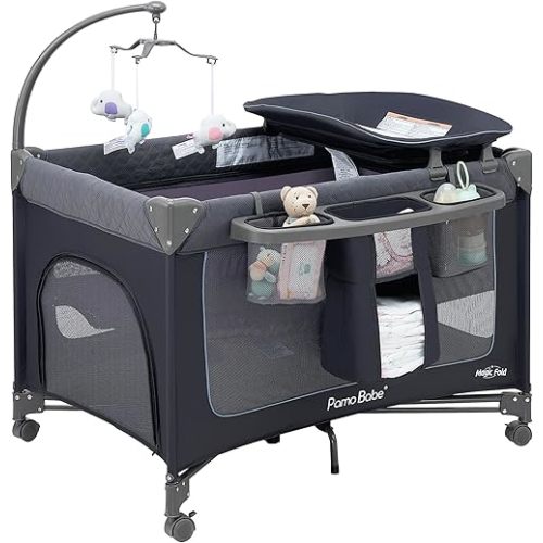 Pamo Babe Magic Fold Baby Playard, 1 Step to Set Portable Crib with Changing Table and Zipper Gate, Easy to Carry