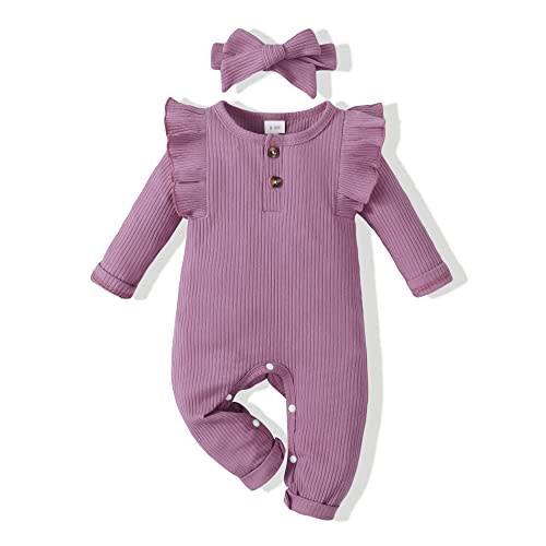 Renotemy Newborn Baby Girl Clothes Fall Winter Outfits Infant Rompers Solid Jumpsuits Bodysuit Cute Infant Baby Clothes Girl