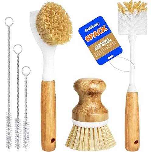 Holikme 6 Pack Dish Brush Kitchen Brushes Set with Vegetable Palm Brush, Bottle Brush, Dish Brush and Straw Brush, Fruit Cleaning Brushes for Cleaning Potato Skillet Wok Pot Pan Cast Iron, Yellow