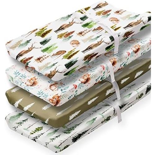 4 Pack Changing Pad Covers Woodland Forest Animals Wood Neutral Unisex Fitted Baby Changing Pad Cover Set for Baby Boys or Girls (Cartoon Fox)