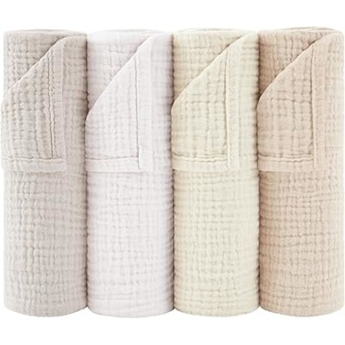 Susurration Muslin Bath Cloths 24x24 Inches Ultra Soft 100% Cotton, 4 Pack Baby Washcloths for Newborn